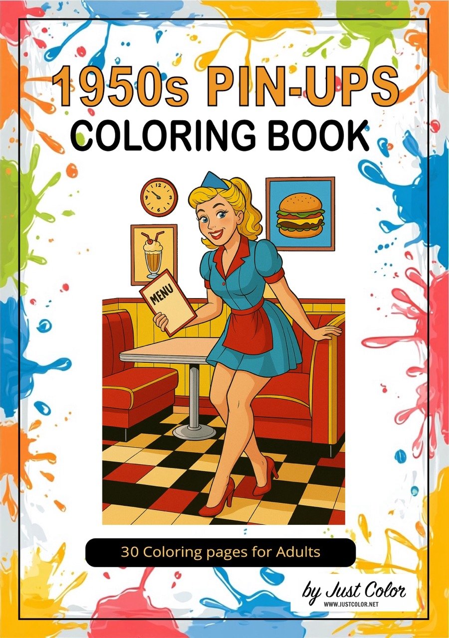 1950s Pin-Ups Coloring Book for Adults (Digital Printable PDF)